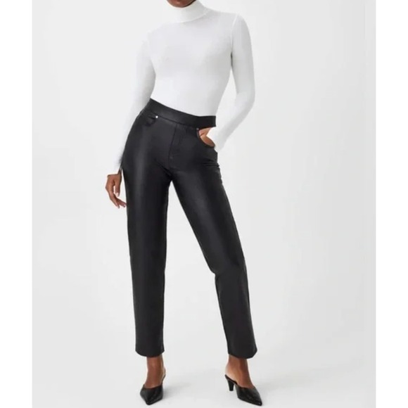 SPANX Pants - NWT Spanx Faux Leather Slim High Rise Straight Pull On Pants Black Size XS